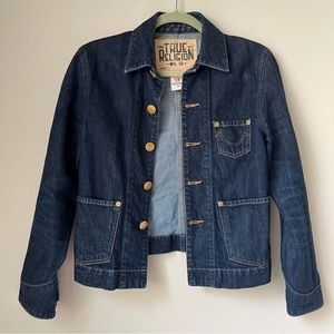 True Religion Dino Blue Collar Jean Dark Wash Denim Camden Jacket, size XS